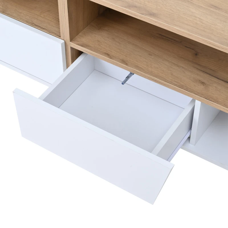 LED TV Stand with App-Controlled Ambient Lighting, Low-Profile TV Cabinet with Cable Management, 180L x 40W x 46H cm, White+Oak
