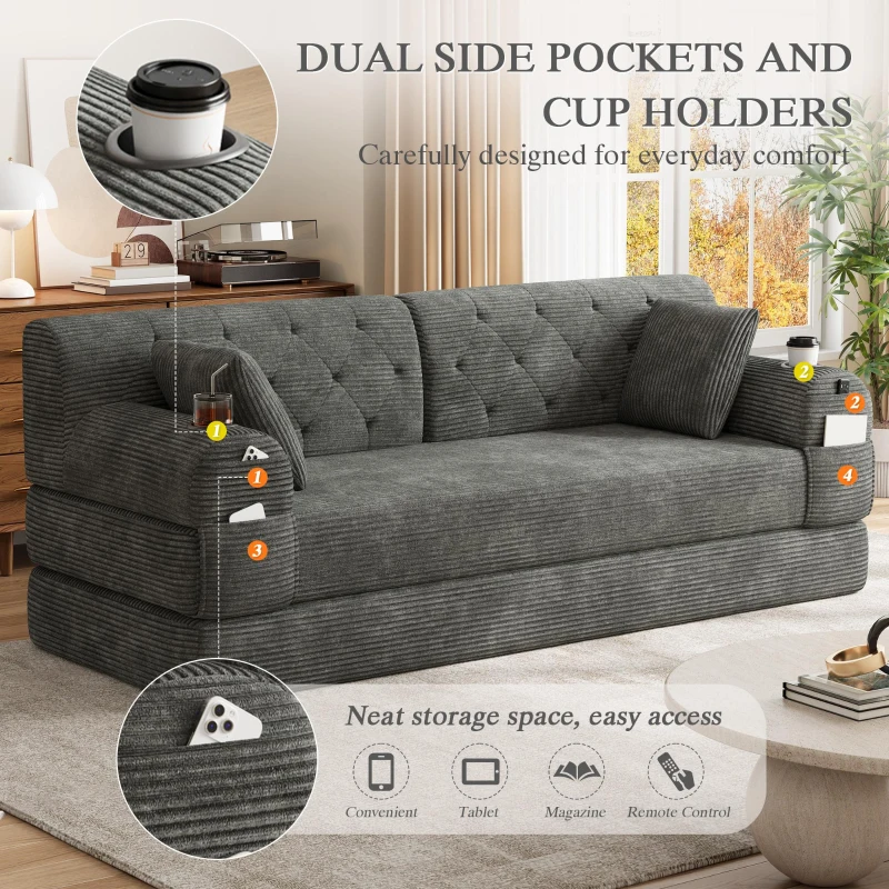 3-Seater Sleeper Sofa with Corduroy High-Back and High-Density Foam, Space-Saving Sofa Bed with 4 Side Pockets, 208L x 80W x 81H cm, Dark Gray