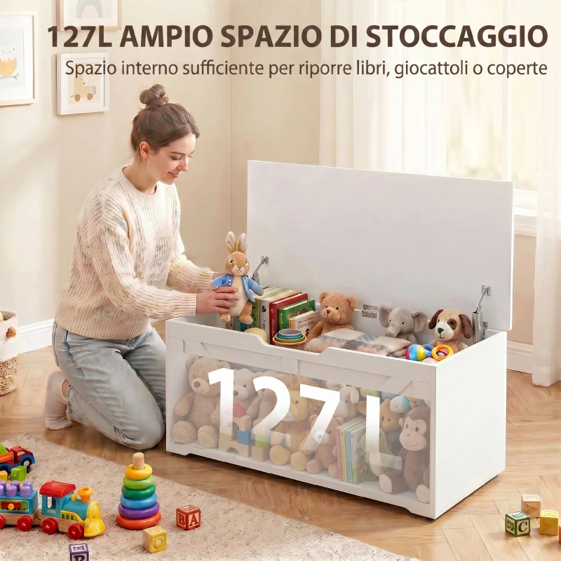 HOMCOM Cassapanca Contenitore 100 cm con 2 Cerniere di Sicurezza, Bianco Effetto Legno
