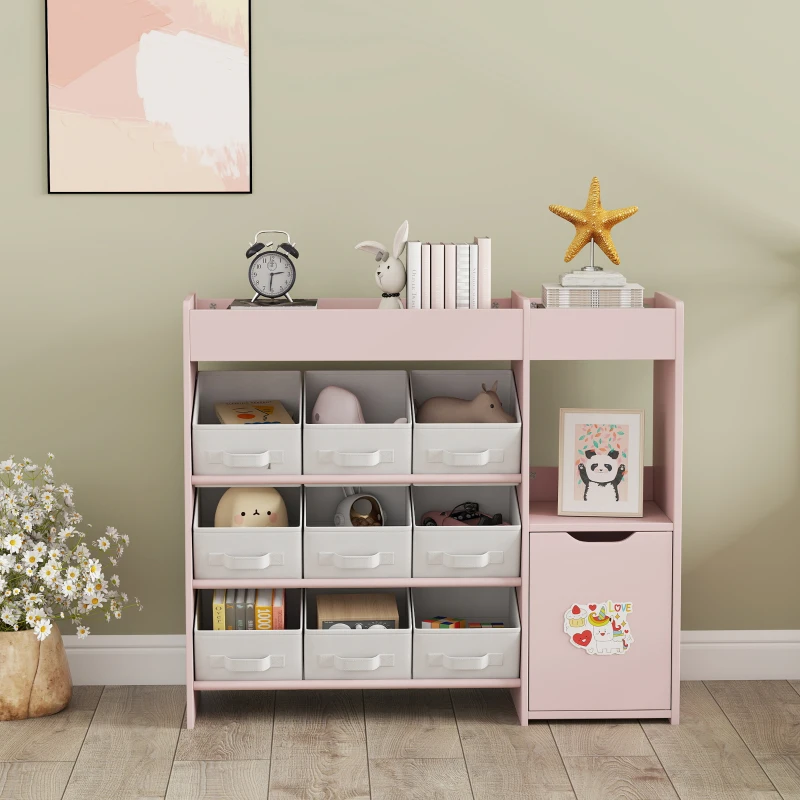 AIYAPLAY Kids Toy Storage, 9 Removable Fabric Bins, Wooden Toy Storage Units for Toys and Books for Bedroom, Nursery, Pink