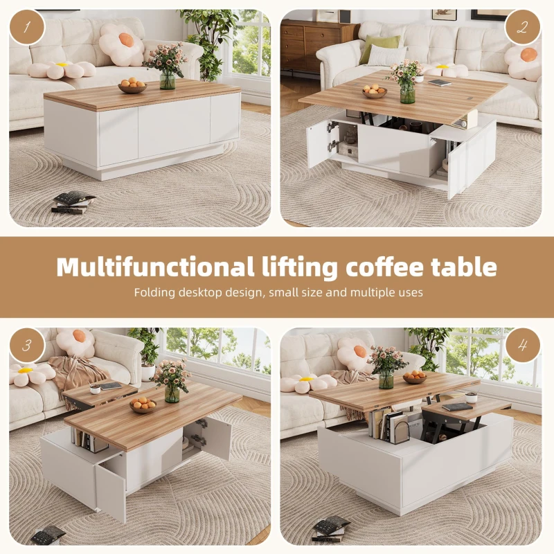 Lift-up Coffee Table with Hidden Storage and Dual Liftable Tops, Space-saving Centre Table for Dining, 100L x 50W x 55.5H cm, White+Natural