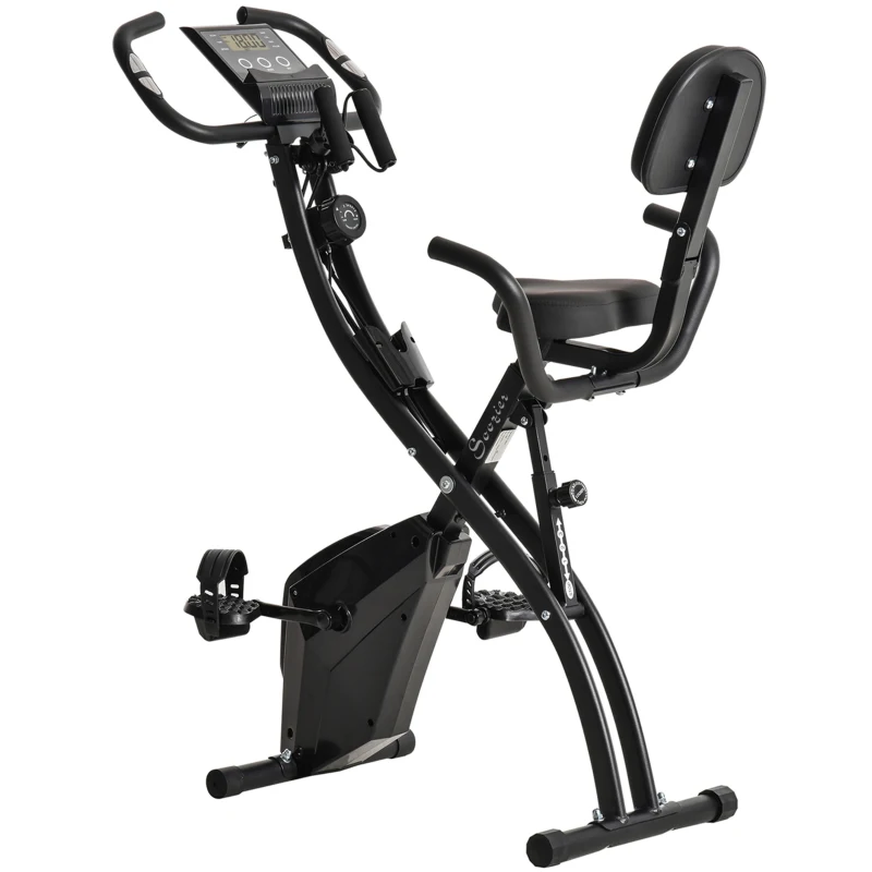 HOMCOM Bicicleta Estática Plegable 3 en 1 con Respaldo y 8 Niveles Resistencia Magnética, Bicicleta Estática para Casa Ajustable con Monitor LCD Volante Banda Sensor de Pulso Soporte de Teléfono Negro