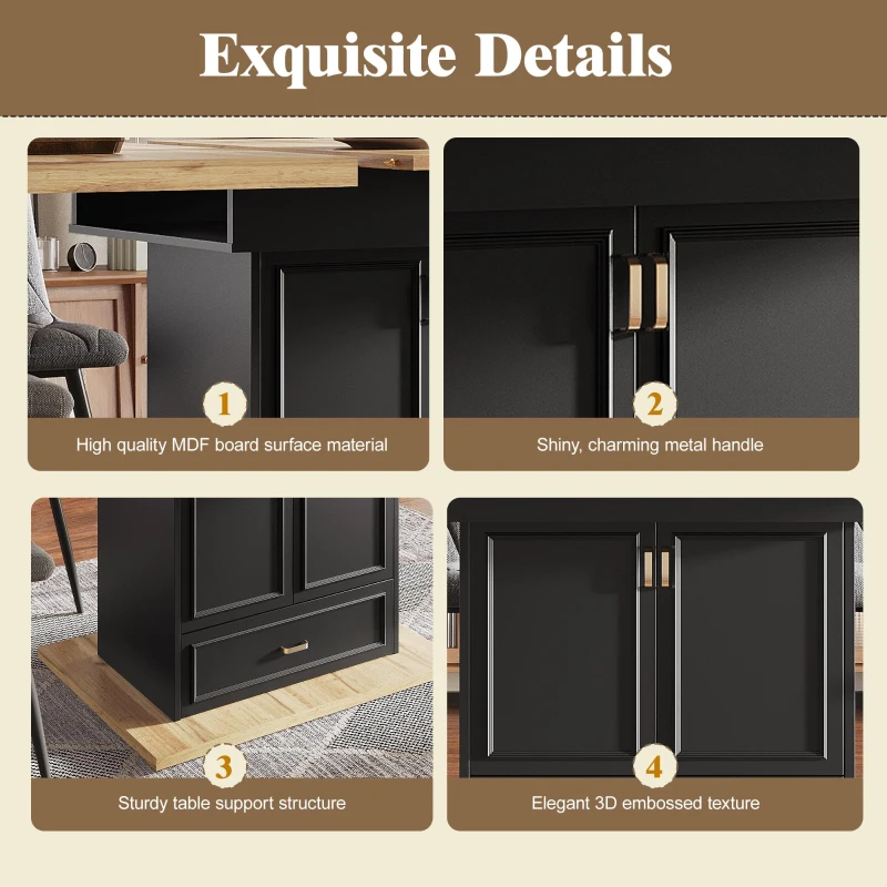 Lockable Telescopic Kitchen Table with Wood‑Grain High‑Density MDF Top, Extendable Dining Table with Concealed Storage, 110L x 80W x 75H cm, Black