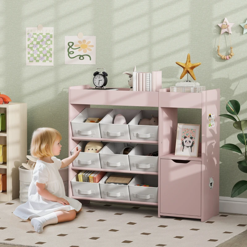 AIYAPLAY Kids Toy Storage, 9 Removable Fabric Bins, Wooden Toy Storage Units for Toys and Books for Bedroom, Nursery, Pink