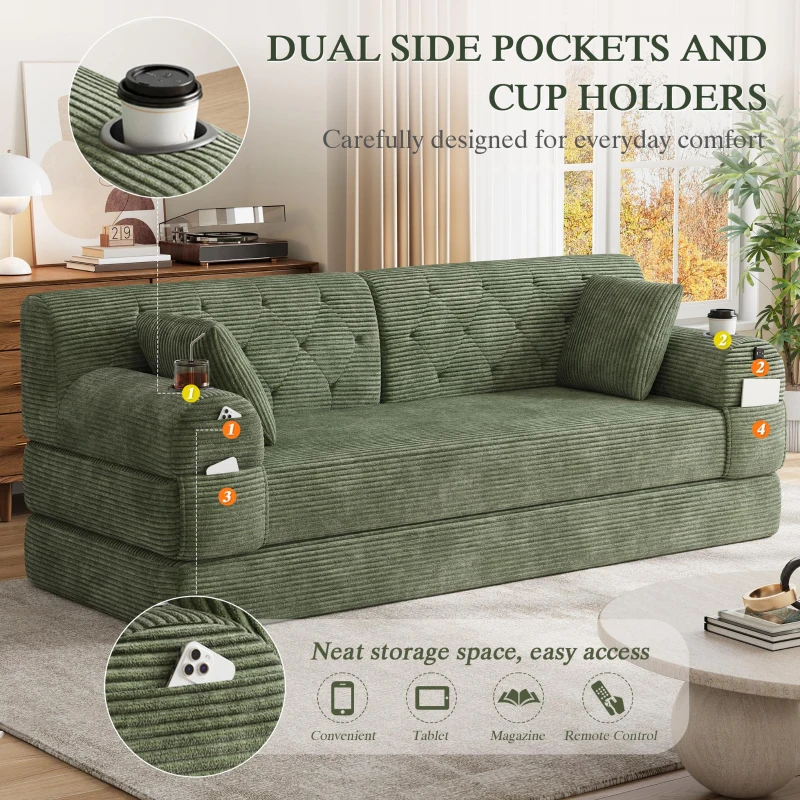 3-Seater Sleeper Sofa with Corduroy High-Back and High-Density Foam, Space-Saving Sofa Bed with 4 Side Pockets, 208L x 80W x 81H cm, Green