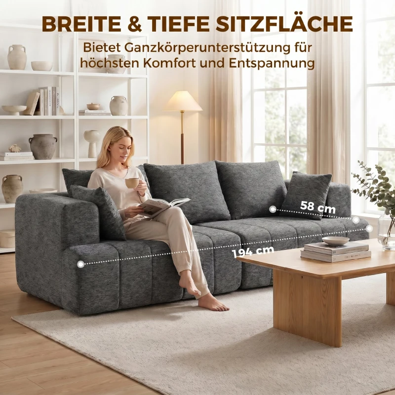 HOMCOM Sofa 3-osobowa, Cloud-sofa z Chenille z grubą warstwą i kieszeniowymi sprężynami, szerokie i głębokie siedzisko, szerokie podłokietniki, poduszki, szara