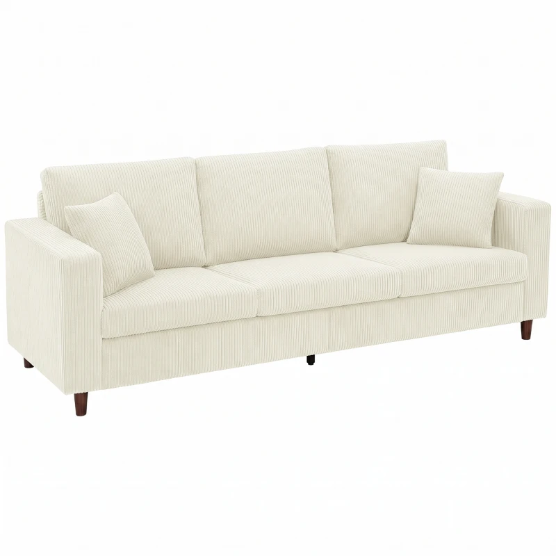 HOMCOM 3-Sitzer-Sofa aus Cordvelours, Modernes Wohnzimmersofa 225 cm, Breite Sitzfläche, Federkernkissen, Creme