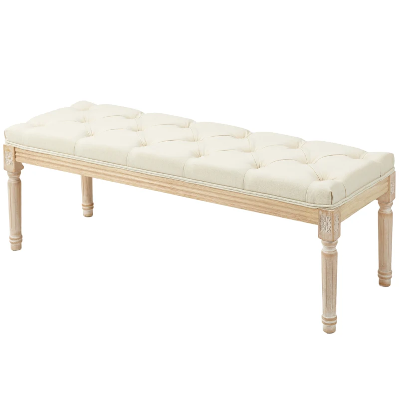HOMCOM Banqueta Capitoné 115 cm para Pie de Cama Acolchada en Efecto Lino con Madera de Hevea Crema