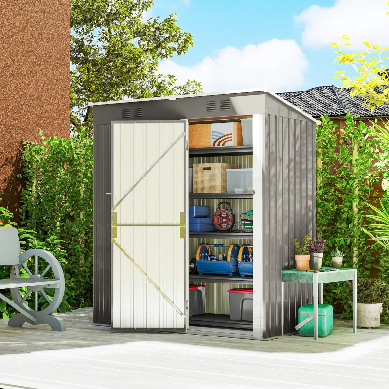 Outsunny Metall Gerätehaus 1,37 m², abschließbar Geräteschuppen mit Lüftung Pultdach Handschuhen, 163 x 90 x 179 cm