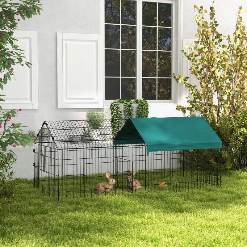 PawHut Kleintiergehege mit Dach, 4 Türen, wetterfest, Stahl/Polyester, 185x75x75cm, Schwarz/Grün