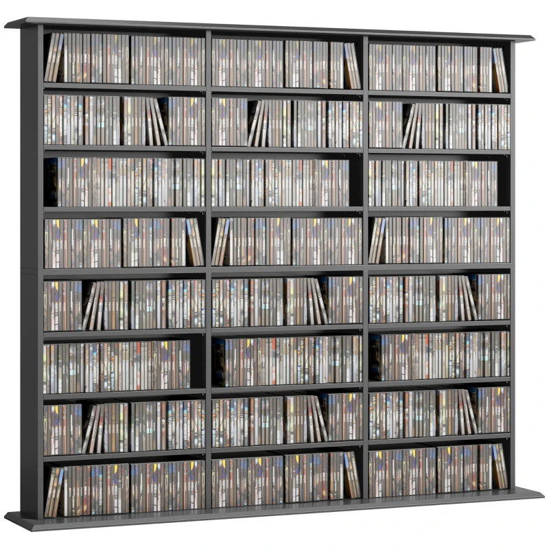 HOMCOM Dulap de depozitare 1032 CD-uri / 594 DVD-uri, etajeră multimedia, 24 compartimente și 18 rafturi reglabile, negru