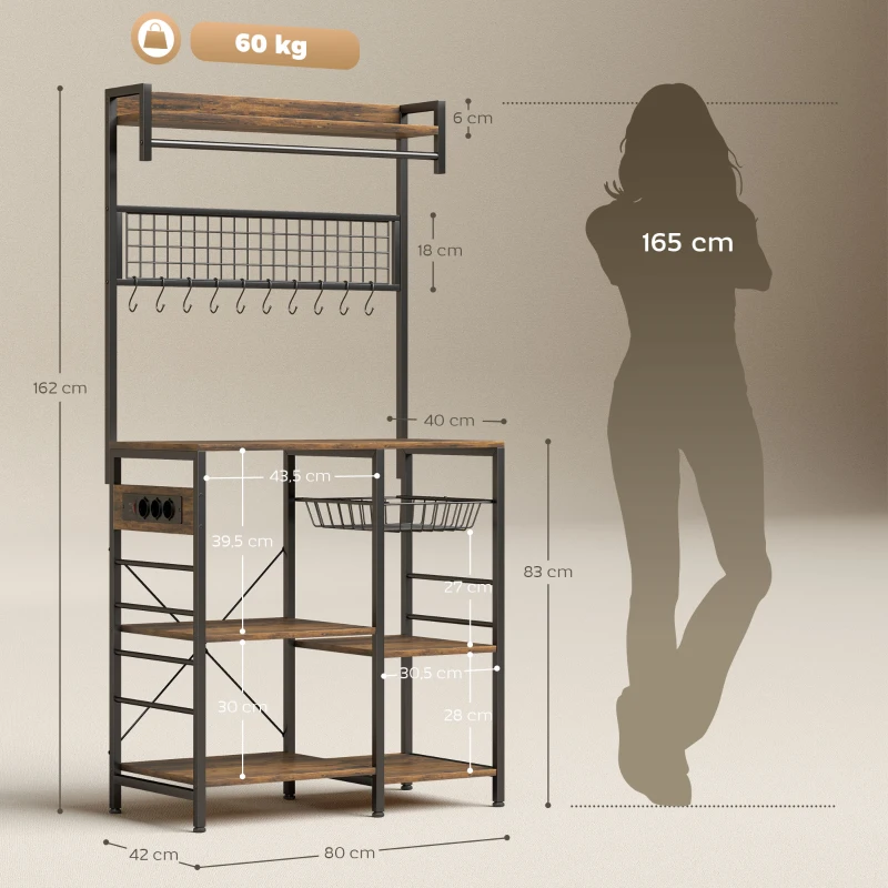 HOMCOM Scaffale Cucina con Prese e LED, Angolo Caffè, Asta Appendiabiti, Pannello in Metallo, 5 Ripiani, Cestello, 10 Ganci, Marrone Rustico