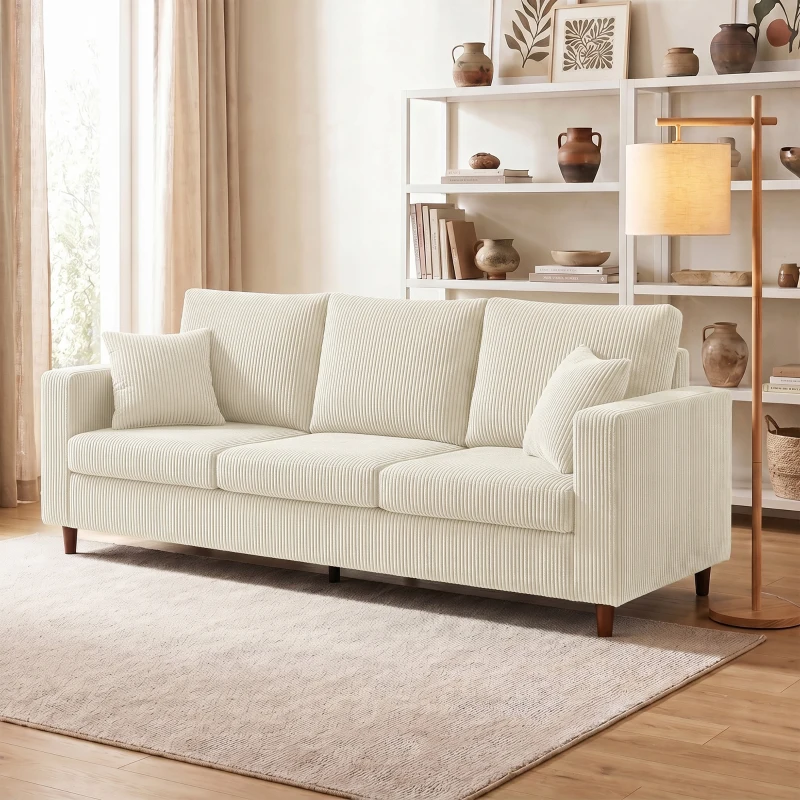 HOMCOM 3-Sitzer-Sofa aus Cordvelours, Modernes Wohnzimmersofa 225 cm, Breite Sitzfläche, Federkernkissen, Creme