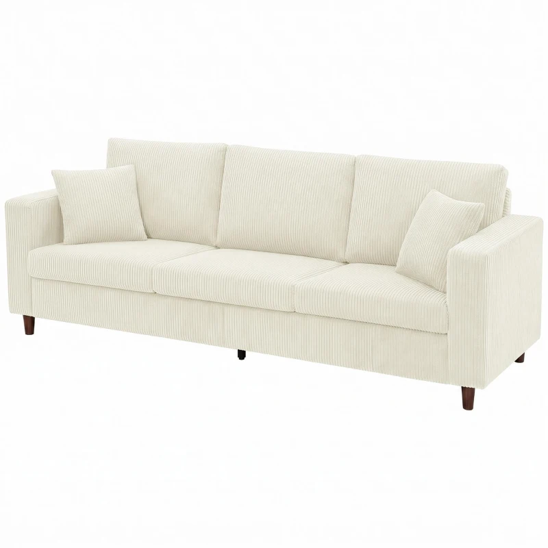HOMCOM 3-Sitzer-Sofa aus Cordvelours, Modernes Wohnzimmersofa 225 cm, Breite Sitzfläche, Federkernkissen, Creme