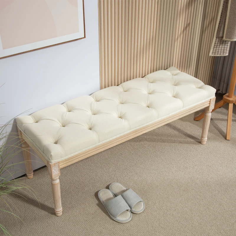 HOMCOM Banqueta Capitoné 115 cm para Pie de Cama Acolchada en Efecto Lino con Madera de Hevea Crema