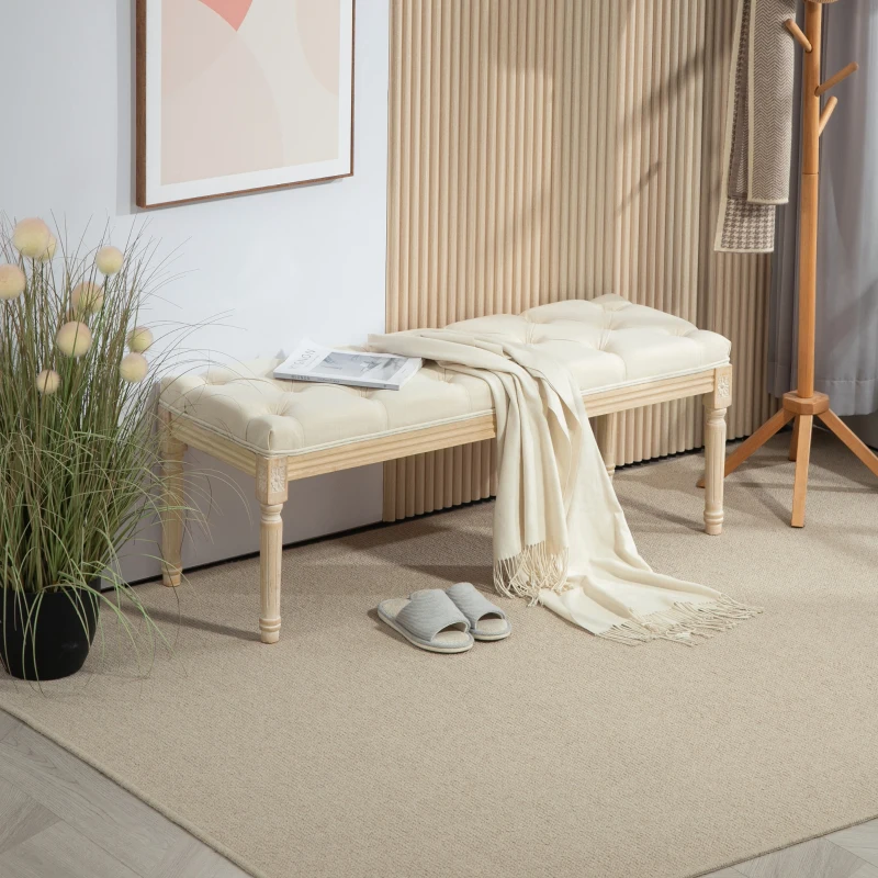HOMCOM Banqueta Capitoné 115 cm para Pie de Cama Acolchada en Efecto Lino con Madera de Hevea Crema