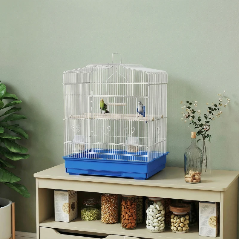 PawHut Vogelkäfig im Vintage-Design für kleine Vogelarten inkl. Zubehör 46,5 x 36 x 59 cm Stahl, Holz, Blau+Weiß
