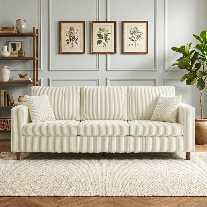 HOMCOM 3-Sitzer-Sofa aus Cordvelours, Modernes Wohnzimmersofa 225 cm, Breite Sitzfläche, Federkernkissen, Creme