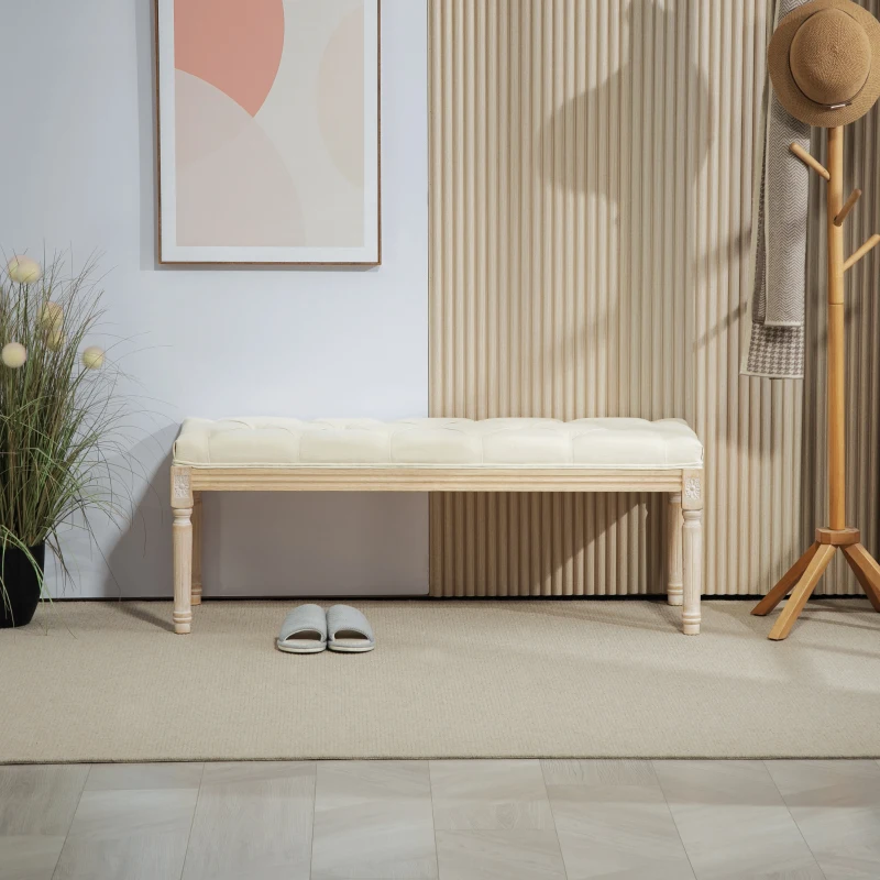 HOMCOM Banqueta Capitoné 115 cm para Pie de Cama Acolchada en Efecto Lino con Madera de Hevea Crema