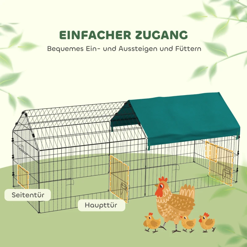 PawHut Kleintiergehege mit Dach, 4 Türen, wetterfest, Stahl/Polyester, 185x75x75cm, Schwarz/Grün