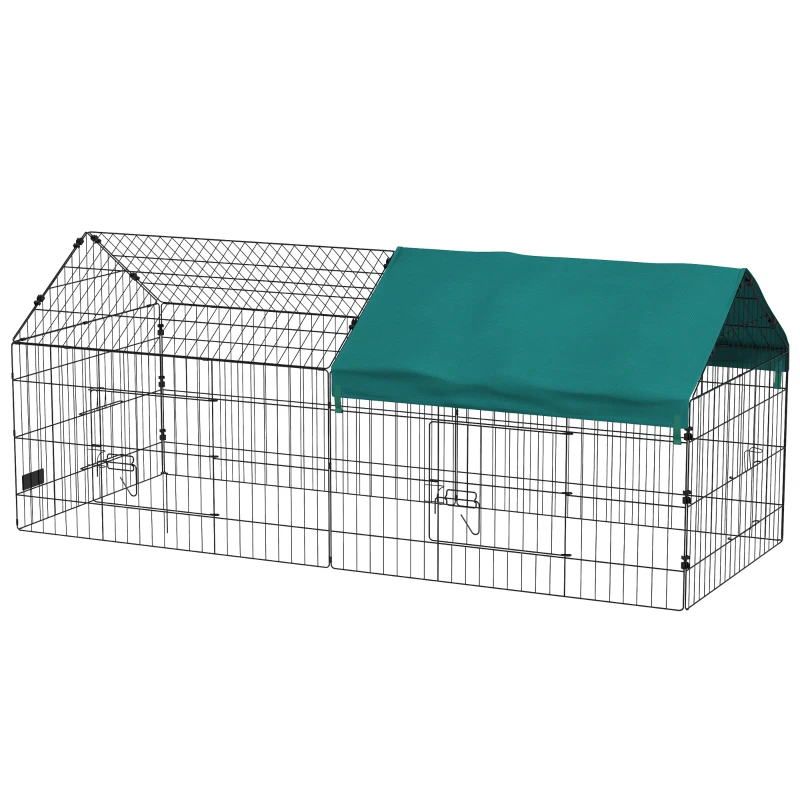 PawHut Kleintiergehege mit Dach, 4 Türen, wetterfest, Stahl/Polyester, 185x75x75cm, Schwarz/Grün