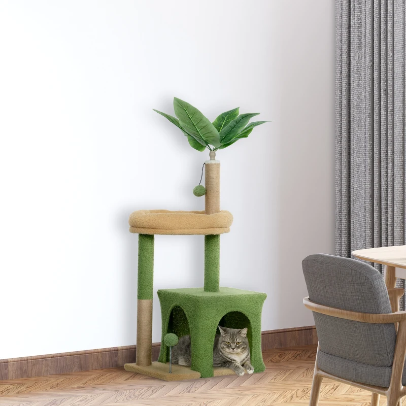 PawHut Kratzbaum 98 cm hoch Katzenbaum mit Höhle, Katzenbett Blätter-Design, Jutestämme, 2 Spielbälle für Katzen unter 5 kg
