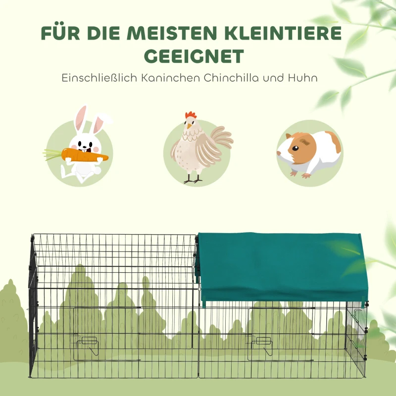 PawHut Kleintiergehege mit Dach, 4 Türen, wetterfest, Stahl/Polyester, 185x75x75cm, Schwarz/Grün