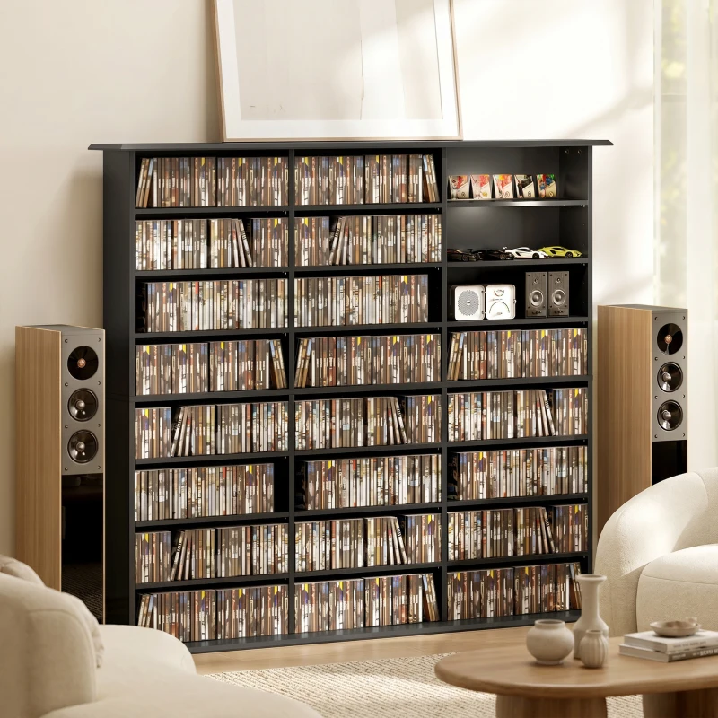 HOMCOM Dulap de depozitare 1032 CD-uri / 594 DVD-uri, etajeră multimedia, 24 compartimente și 18 rafturi reglabile, negru
