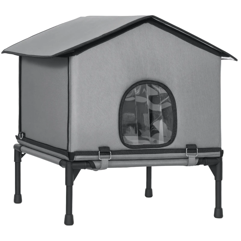 PawHut Maison pour chat pliable avec coussin, niche surélevée déperlante 62 x 58,5 x 60 cm, Gris