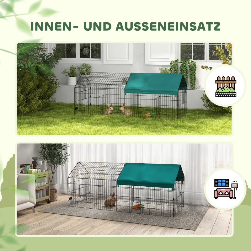 PawHut Kleintiergehege mit Dach, 4 Türen, wetterfest, Stahl/Polyester, 185x75x75cm, Schwarz/Grün