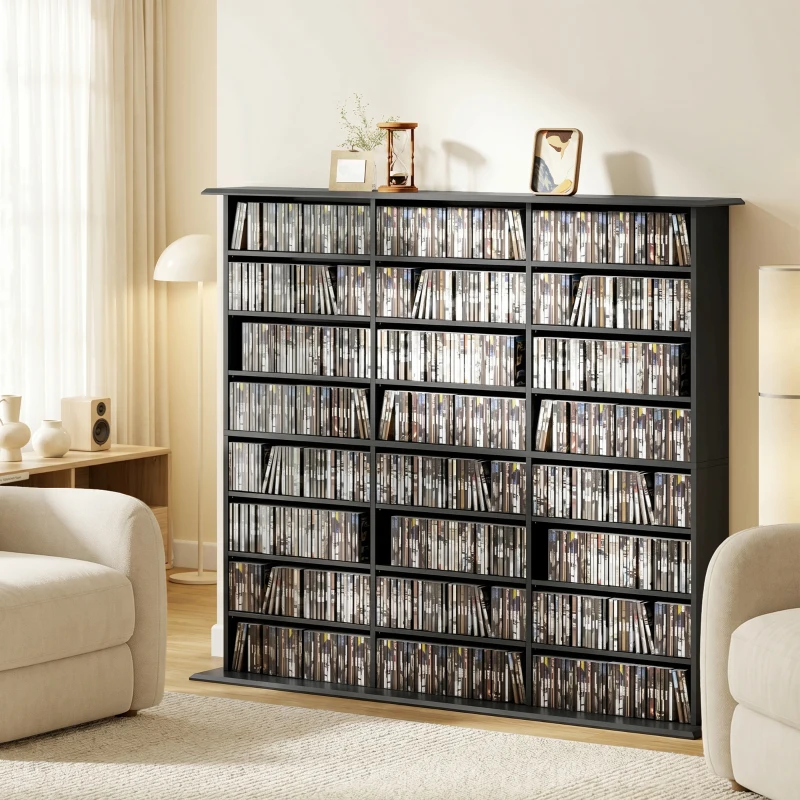 HOMCOM Dulap de depozitare 1032 CD-uri / 594 DVD-uri, etajeră multimedia, 24 compartimente și 18 rafturi reglabile, negru
