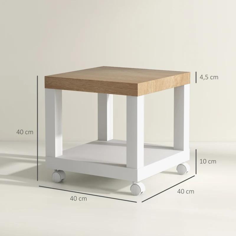 HOMCOM Tavolino da Soggiorno con Rotelle e Mensola Aperta, per Divano, Camera da Letto o Soggiorno, 40x40x40 cm, Legno Naturale e Bianco