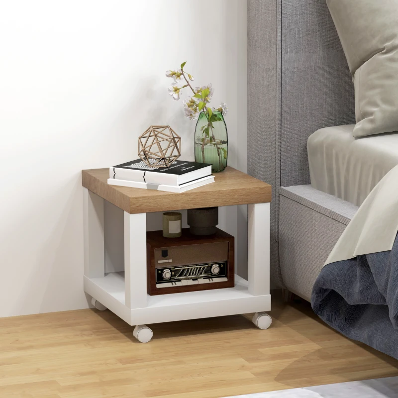 HOMCOM Tavolino da Soggiorno con Rotelle e Mensola Aperta, per Divano, Camera da Letto o Soggiorno, 40x40x40 cm, Legno Naturale e Bianco