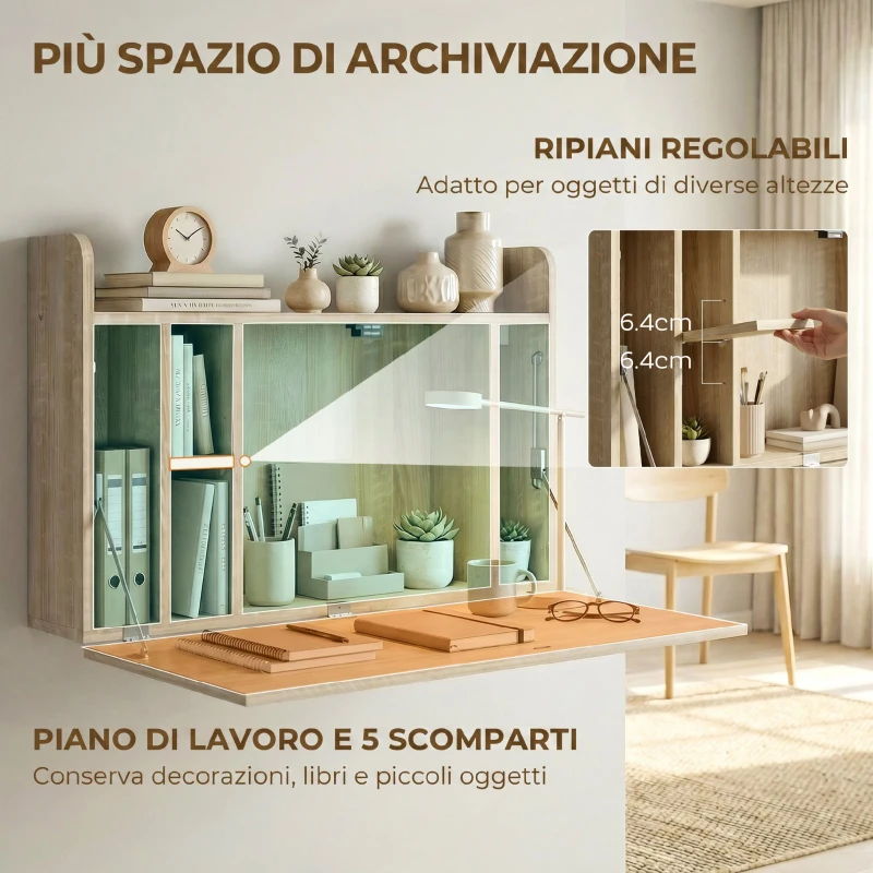 HOMCOM Scrivania da Parete, Tavolo Pieghevole con Ripiani Salvaspazio per Casa e Ufficio, 77 x 20 x 51 cm