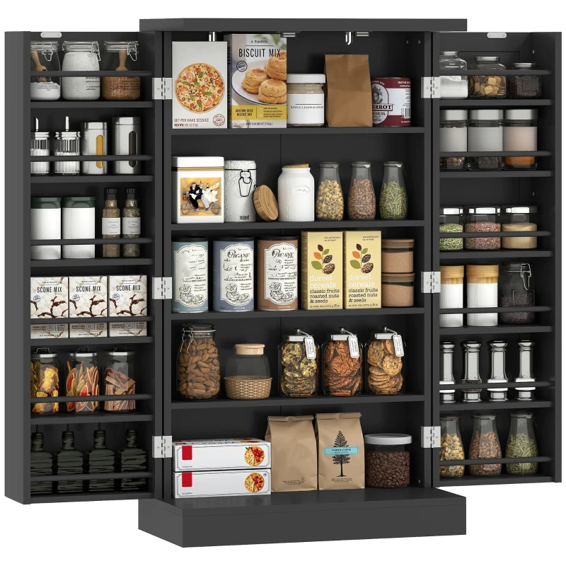 HOMCOM Küchenschrank mit 5 zentralen Regalböden und 2 seitlichen Regalen mit 6 Ebenen, aus MDF, 60x30x104 cm, Schwarz
