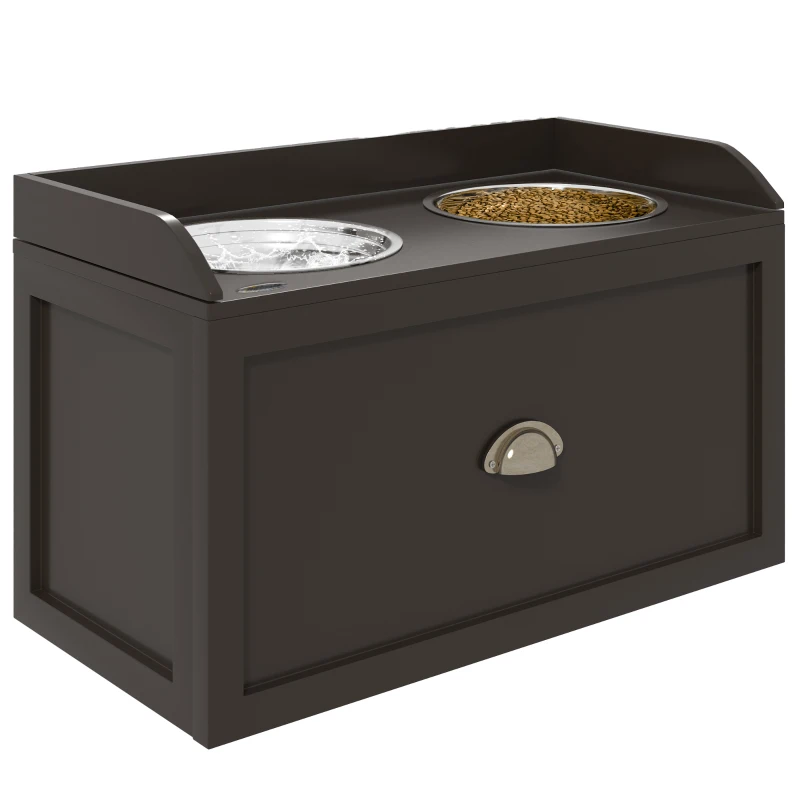 PawHut Gamelles Chiens Surélevées, Porte-Gamelles Surélevé Rangement 2 en 1, Tiroir, 2 Gamelles, 60x30x36cm, Marron Café