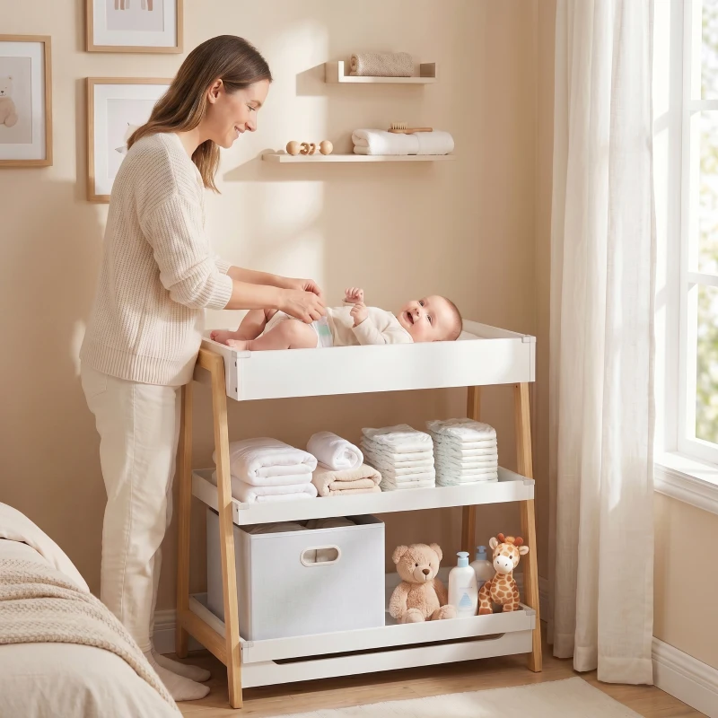 AIYAPLAY Baby Changing Table with 2 Storage Shelves, Nursery Diaper Changing Unit with Waterproof Changing Mat, White
