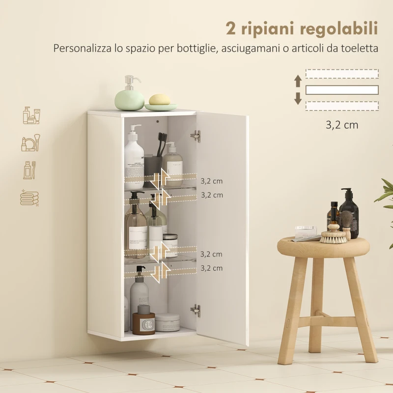 HOMCOM Mobiletto Bagno Pensile con 2 Ripiani in Vetro Regolabili e Anta Senza Maniglia, Bianco Lucido