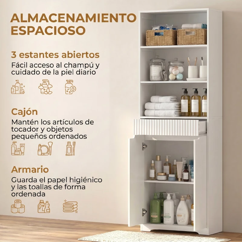 HOMCOM Armario Alto de Baño Columna de Baño Estrecha con 3 Estantes Abiertos Cajón Acanalado Estante Ajustable Blanco