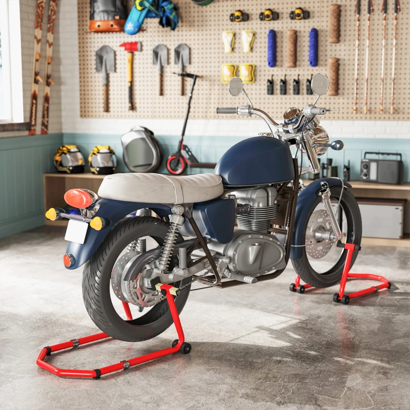 HOMCOM Béquille Moto, Capacité 390 kg, Support Avant et Arrière Réglable avec Fourches U+L, Clips de Serrage, 43x36x64cm, Rouge