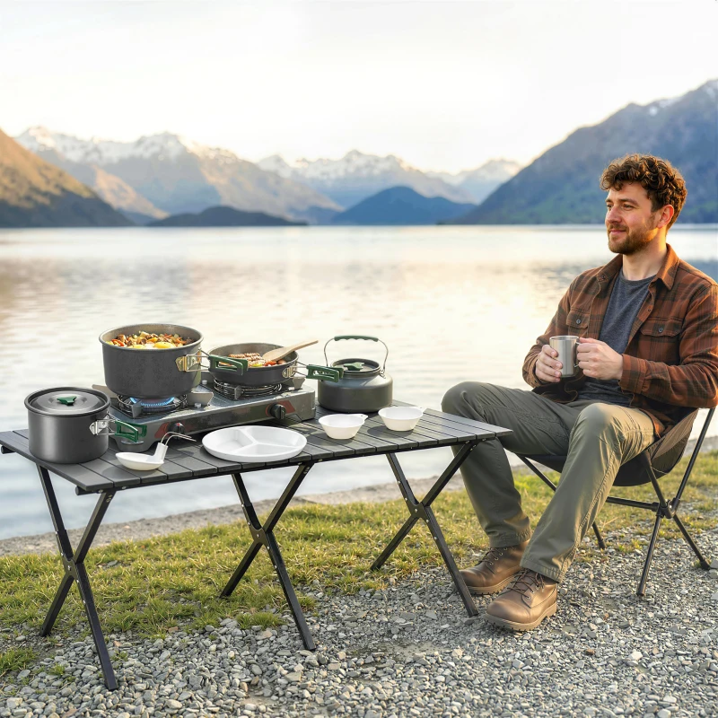 Outsunny Camping Cookware Set for 4-5 People, Lightweight Aluminium Camping Cooking Kit with Anti-Scald Handles, Grey