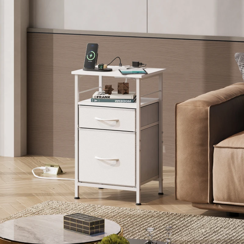 Nachttisch mit Ladefunktion, großer Stauraum, passend für Schlafzimmer, Wohnzimmer und Büro, 39.8x29.8x64.2 cm, Weiß