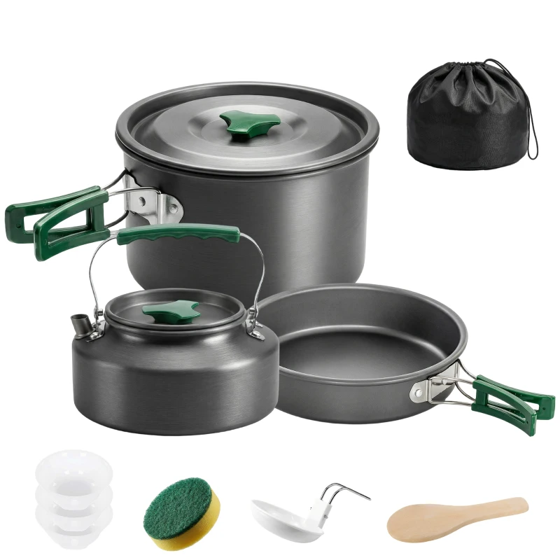 Outsunny Camping Cookware Set for 2-3 People, Ultralight Aluminium Camping Cooking Kit with Anti-Scald Handles, Grey