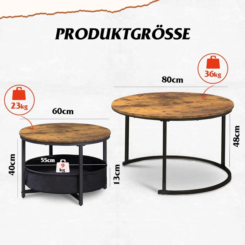 Couchtisch 2er-Set, flexibles 2‑in‑1-Design, modernes Design, 80x80x48.2 cm, Braun