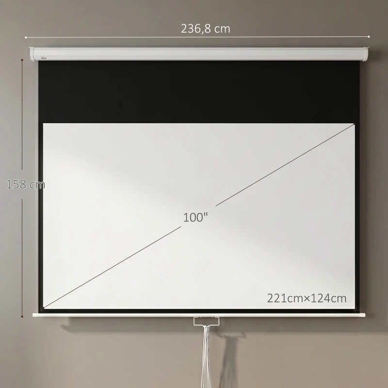 HOMCOM Pantalla de Proyección Manual Portátil 100 Pulgadas Formato 16:9 con Altura Ajustable 221x124 cm Blanco