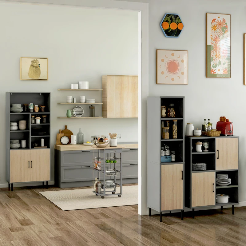 HOMCOM Carrito Auxiliar con Ruedas Carrito de Cocina con 3 Cestas Metálicas Cajón 2 Especieros 47x37x83 cm Gris