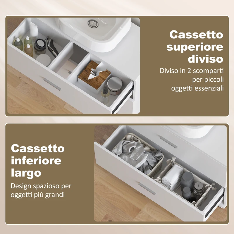HOMCOM Mobile Sottolavabo Moderno con 2 Cassetti e Divisori per Lavabo Senza Piedistallo, 80x30x60 cm, Bianco