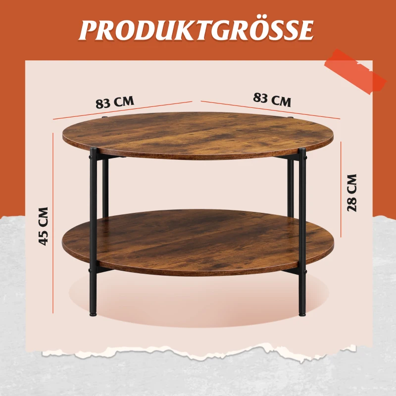 Zweistufiger Rundcouchtisch, viel Stauraum, verstellbare Beine, 83x83x44.5 cm, Braun