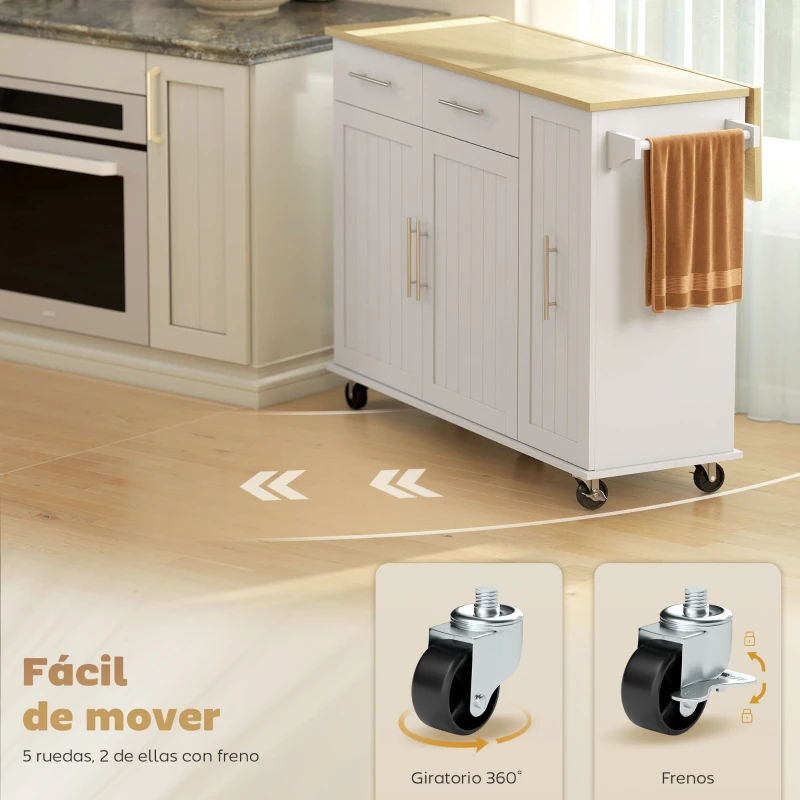 HOMCOM Isla de Cocina con Ruedas Encimera Plegable 2 Puertas con Cierre Suave Bandeja Extraíble 2 Cajones Blanco