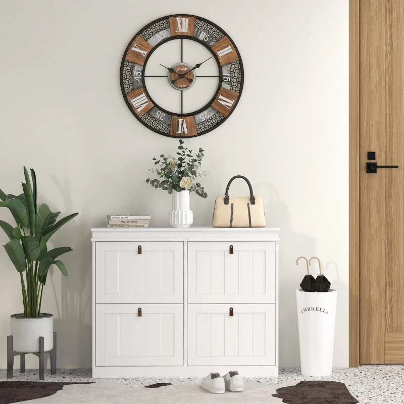 HOMCOM Slim Shoe Cabinet, Shoe Cabinet with 4 Drop-Down Drawers, 105W x 24D x 82.5H cm,  White